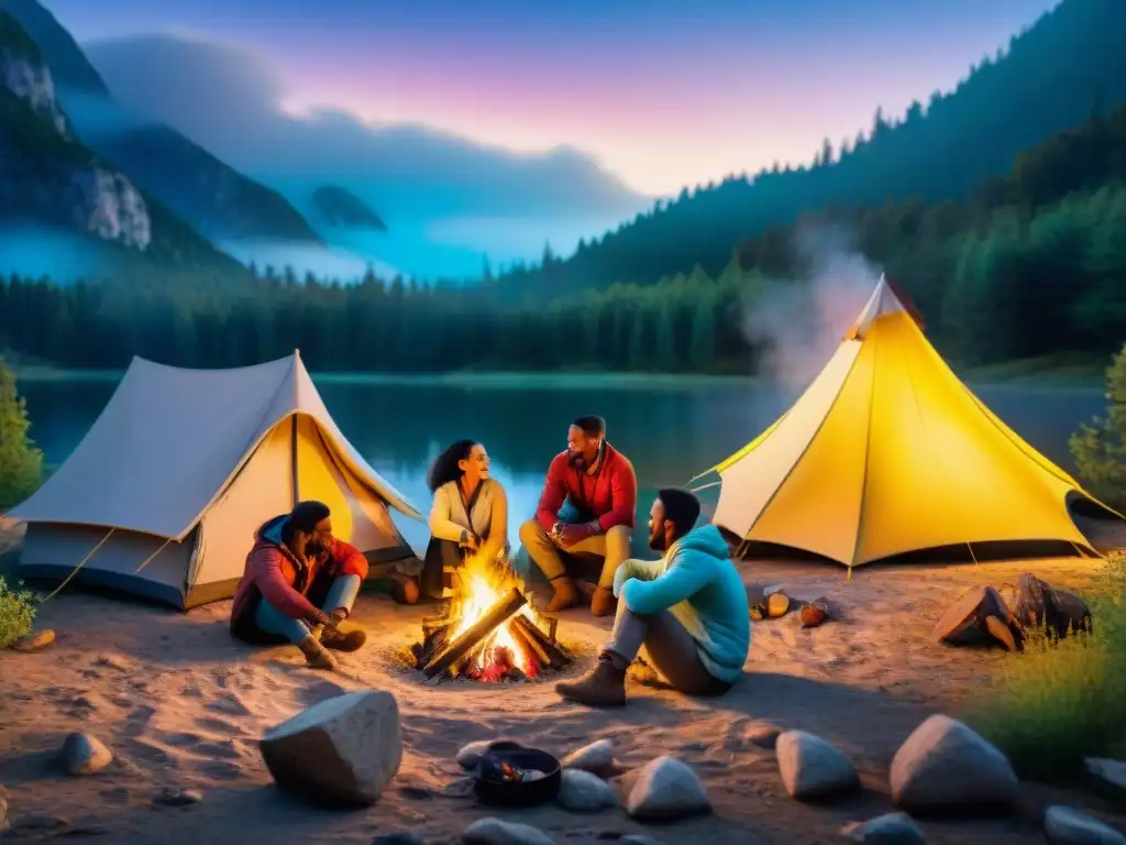 Amigos disfrutando de una fogata, asando malvaviscos bajo un cielo estrellado en un campamento colorido en el bosque