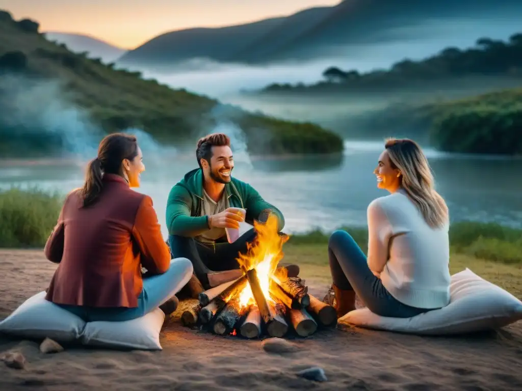 Amigos disfrutando de una fogata al anochecer en Uruguay, con neveras portátiles para camping