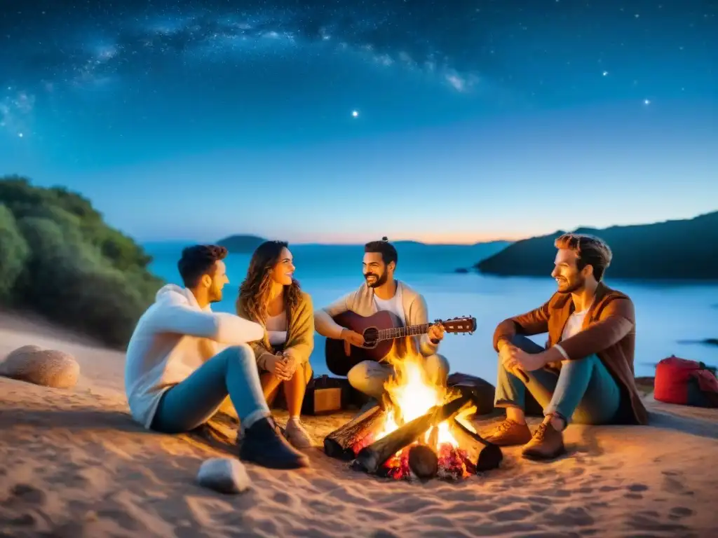 Amigos alrededor de fogata en la noche, iluminados por el fuego, nevera con snacks