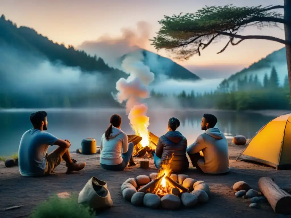 Amigos disfrutan de fogata nocturna en camping, compartiendo historias y marshmallows