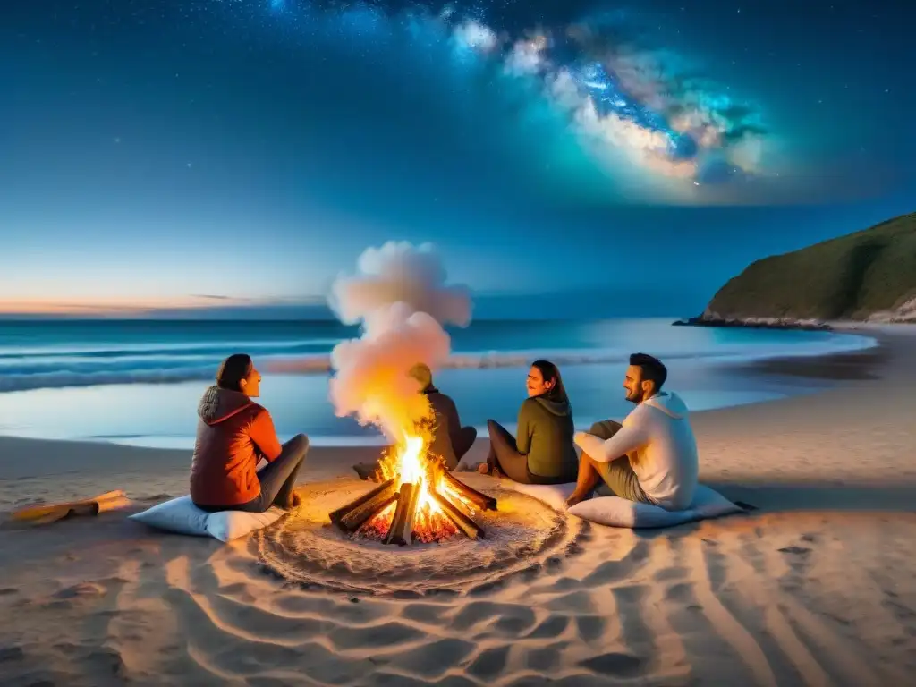 Amigos disfrutan de fogata en la playa de Uruguay en Noche de San Juan, creando un ambiente mágico y comunitario de camping