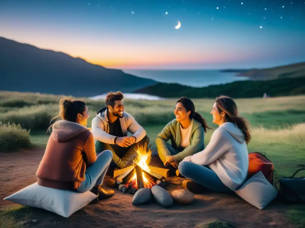 Amigos compartiendo historias alrededor de fogata en campamento en Uruguay