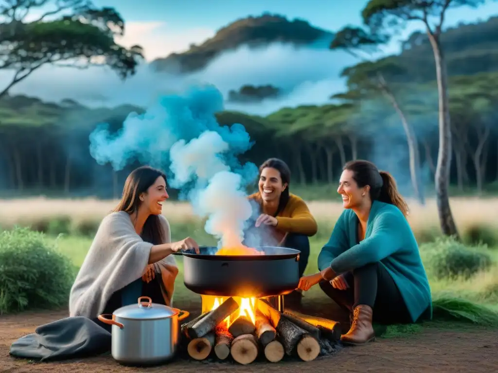 Amigos cocinando en hornillos portátiles camping en Uruguay, entre árboles y cielo azul