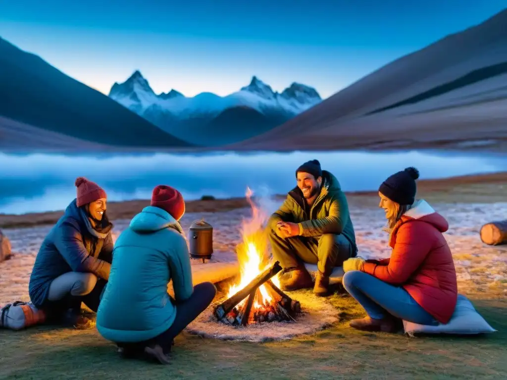 Amigos junto a fogata en campamento invernal en Uruguay, compartiendo historias bajo cielo estrellado y montañas nevadas