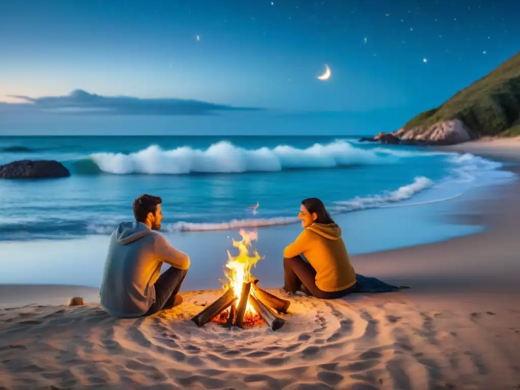 Amigos escuchan leyenda alrededor de fogata en la playa de Uruguay bajo las estrellas