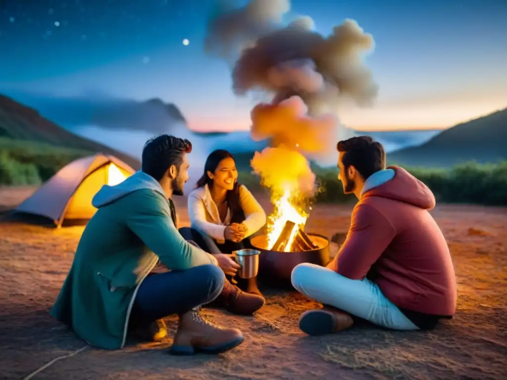 Amigos compartiendo mate caliente alrededor de fogata bajo cielo estrellado en Uruguay, bebidas calientes camping Uruguay