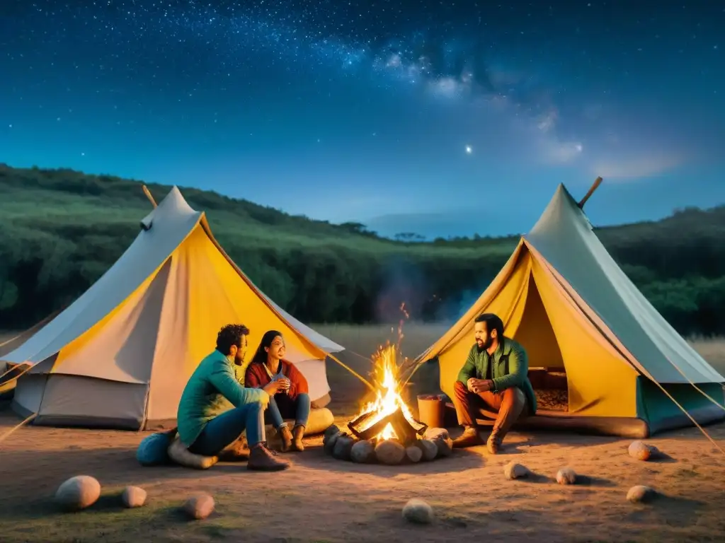 Amigos compartiendo mate alrededor de la fogata en el camping, reflejando la Cultura del camping en Uruguay