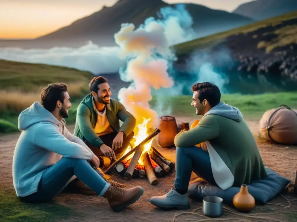 Amigos disfrutan del mate alrededor de fogata en Uruguay, reflejando la cultura del camping en Uruguay