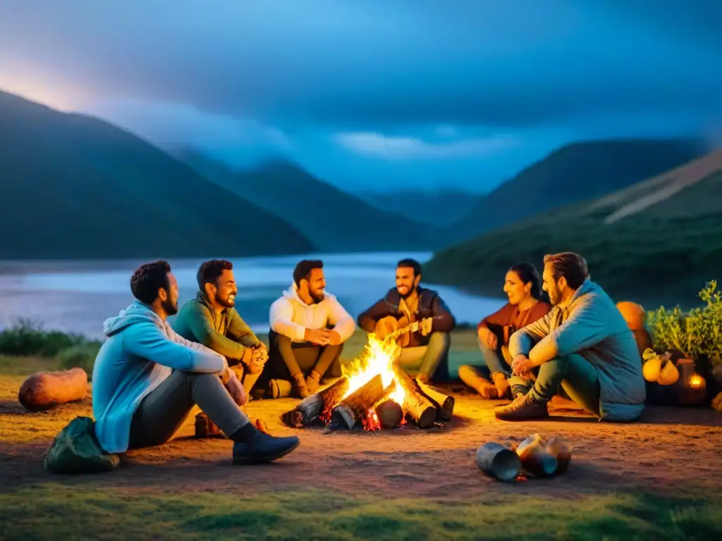 Amigos compartiendo mate alrededor de fogata en Uruguay