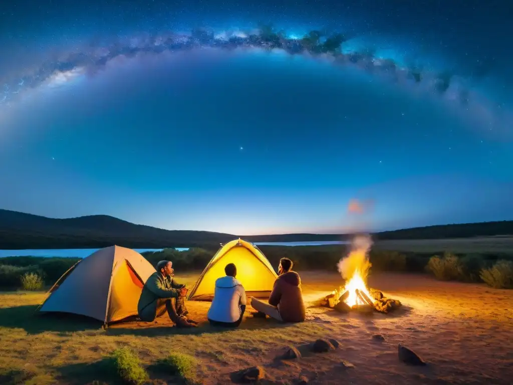 Amigos disfrutan de la mejor época para acampar en Uruguay, alrededor de fogata bajo cielo estrellado, creando lazos de amistad y aventura