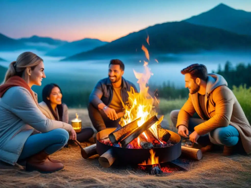 Amigos disfrutan de milanesa a la parrilla camping bajo las estrellas, creando un ambiente cálido y acogedor