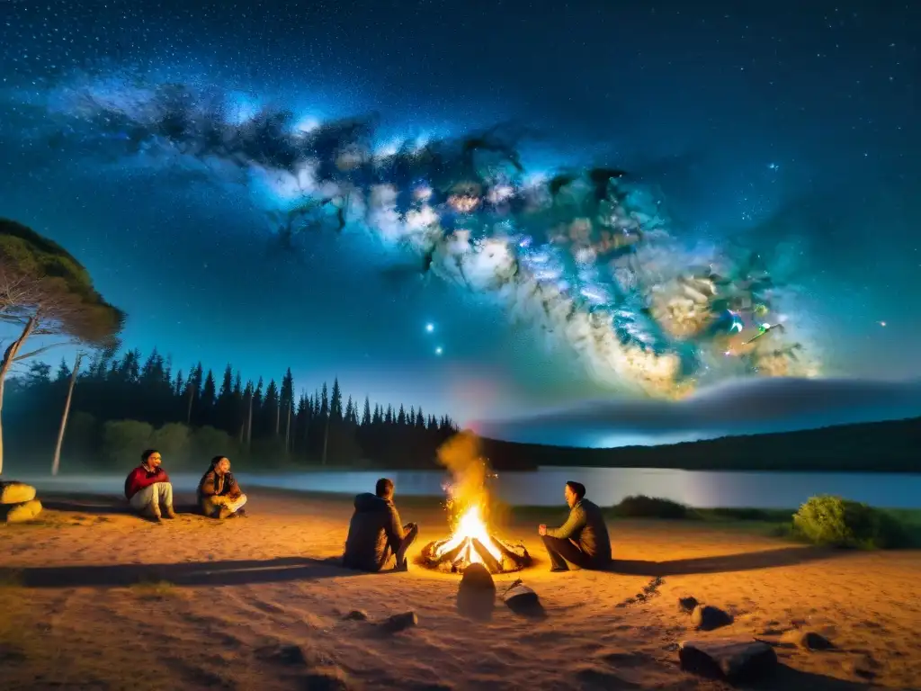 Amigos disfrutan de noches de camping en Uruguay, escuchando cuentos bajo las estrellas