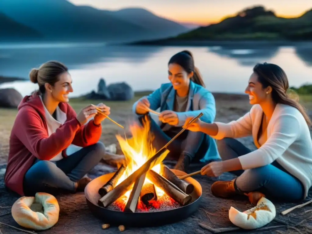 Amigos horneando pan casero en fogata bajo el cielo estrellado de Uruguay