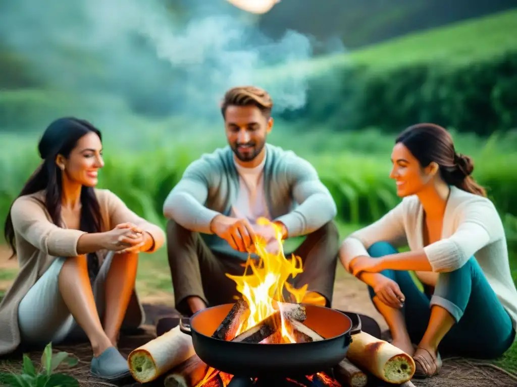 Amigos preparando pan casero junto al fuego en un camping en Uruguay