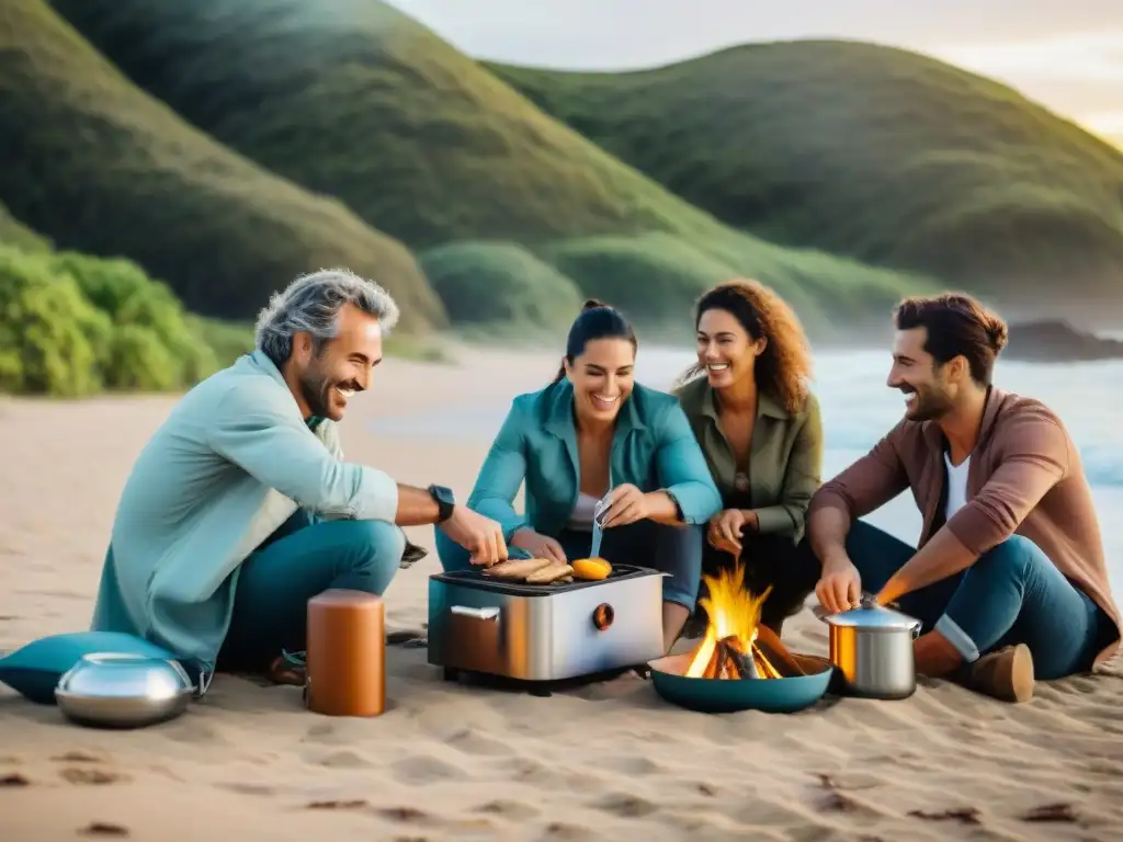 Amigos riendo y cocinando en la playa al atardecer en Uruguay con cocinas portátiles camping