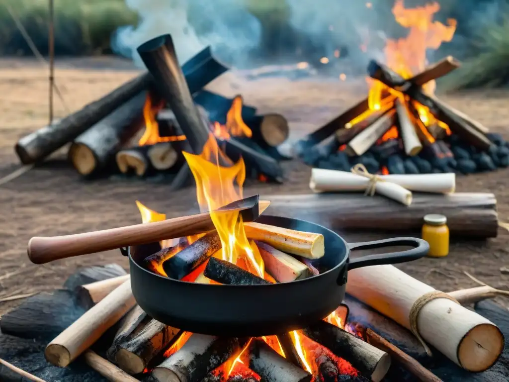 Amigos cocinando una receta camping en Uruguay, rodeados de utensilios tradicionales al aire libre