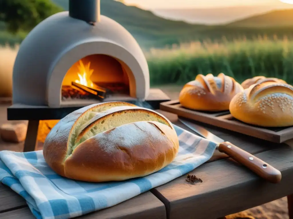 Amigos disfrutan recetas pan casero camping Uruguay al atardecer, hornos de barro y pan recién horneado