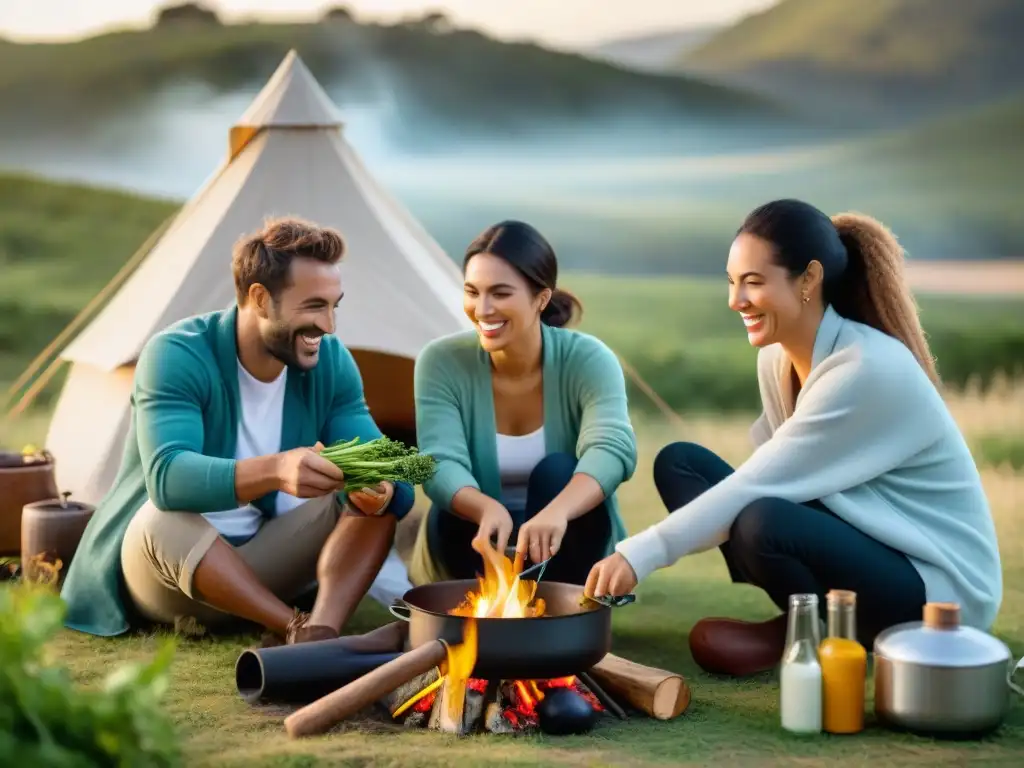 Amigos preparan recetas vegetarianas en un campamento en Uruguay, rodeados de naturaleza y buena compañía al atardecer