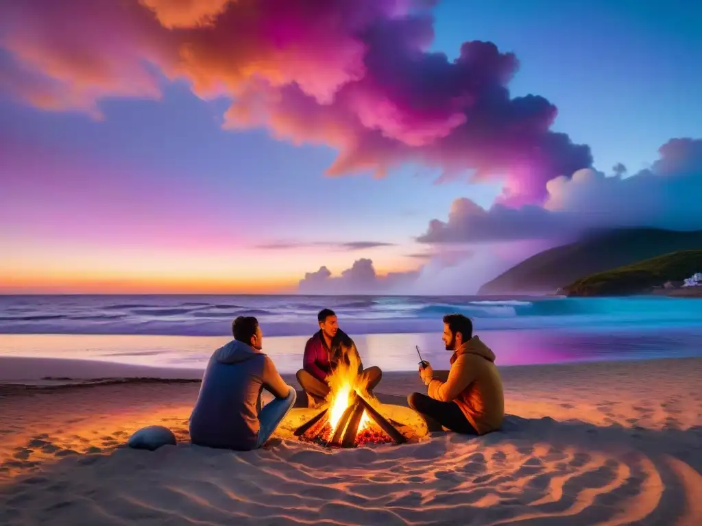 Amigos reunidos alrededor de una fogata en la playa de Uruguay en Noche de San Juan, combinando tradición y modernidad en el camping