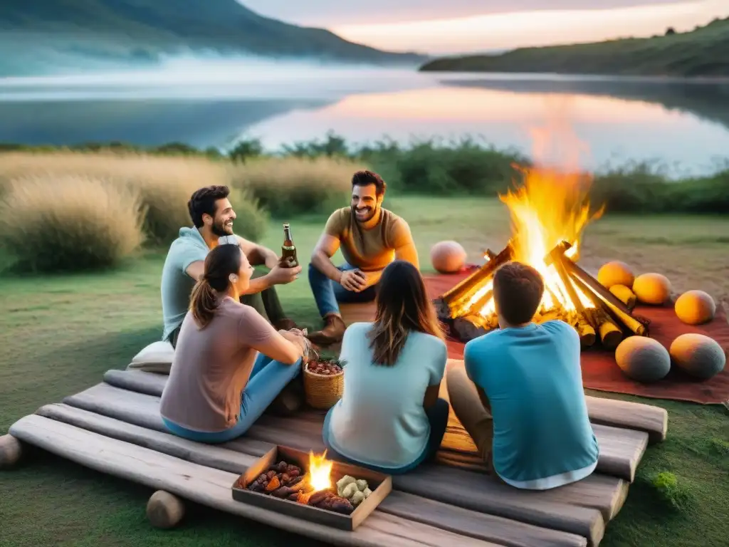 Amigos disfrutando de snacks deshidratados alrededor de fogata en campamento pintoresco en Uruguay