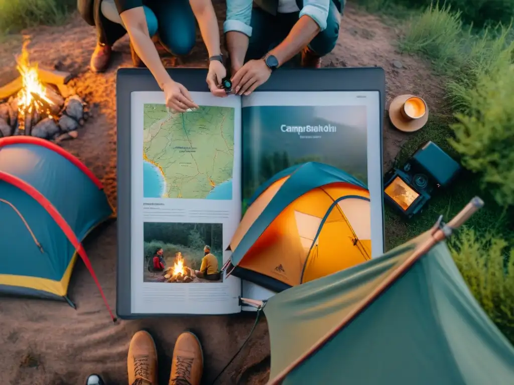 Amigos montando tiendas y disfrutando del atardecer en un campamento en Uruguay, con GPS y mapa de las mejores rutas de camping