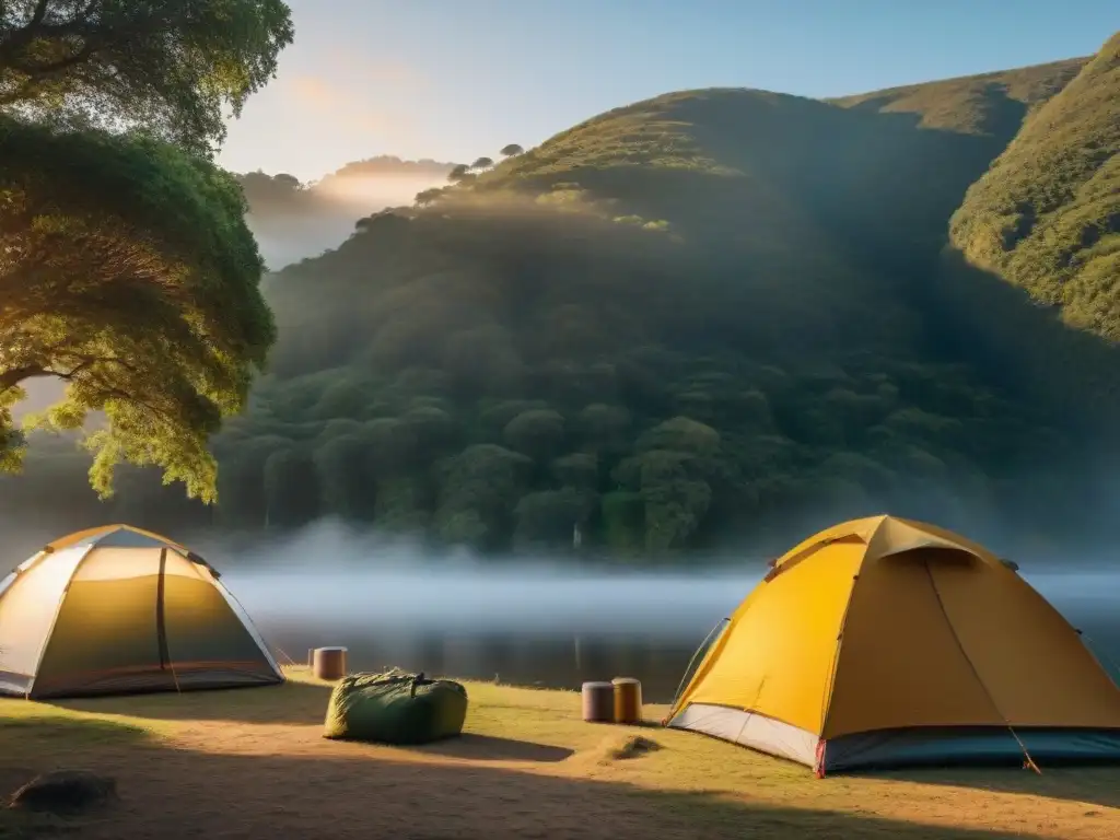 Amigos arman tiendas de campaña en campamento en Uruguay al atardecer