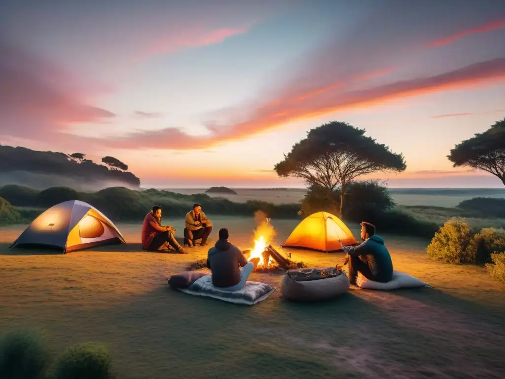 Amigos disfrutando de un vibrante atardecer de camping en Uruguay