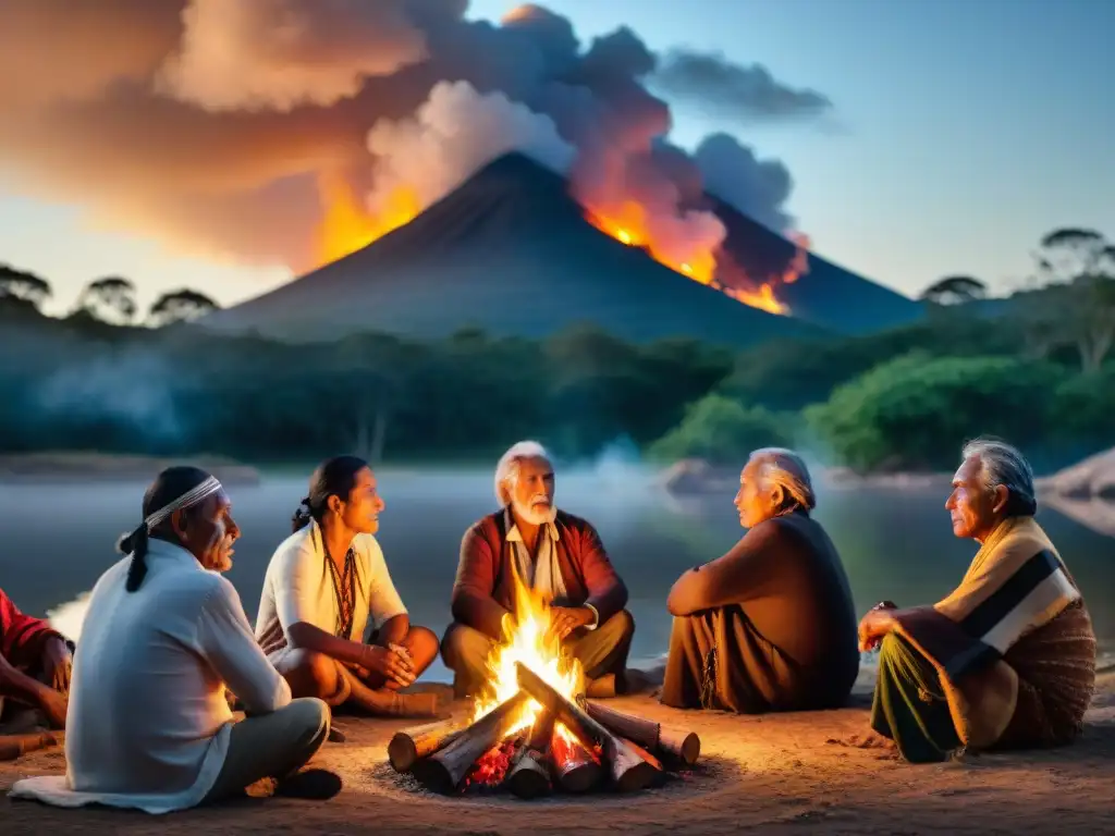 Ancianos indígenas en camping Uruguay, junto al fuego, transmitiendo sabiduría y orgullo cultural