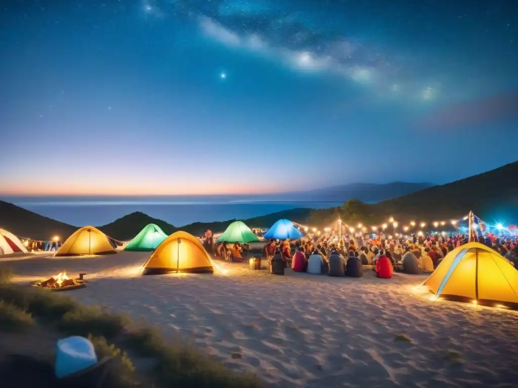 Un animado campamento cultural en Uruguay: campistas reunidos alrededor de una fogata, bajo luces de colores y música tradicional