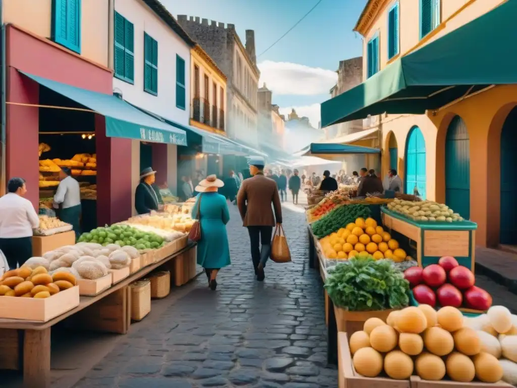 Un animado mercado callejero en Uruguay con puestos coloridos de productos locales, quesos artesanales, panadería tradicional y comida callejera