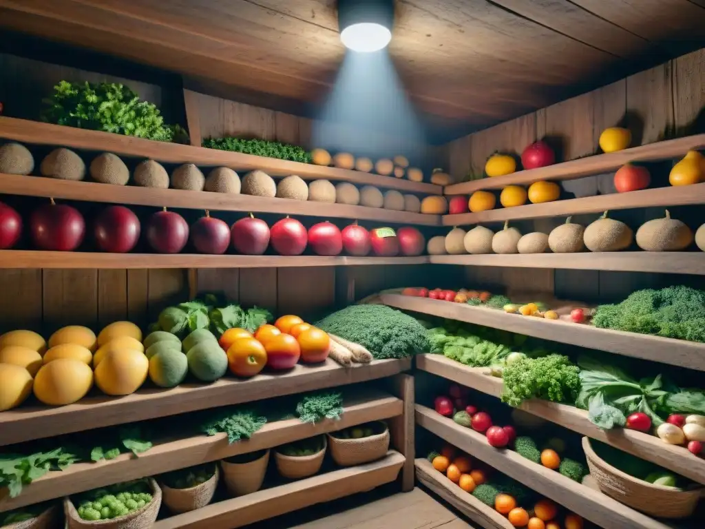 Antigua bodega subterránea con alimentos naturales sin refrigeración: manzanas, zanahorias y papas en estantes de madera, iluminados por tenue luz