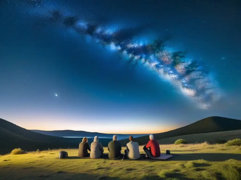 Apasionados astrónomos montando telescopios bajo el cielo estrellado en camping de Uruguay, creando comunidad bajo las estrellas