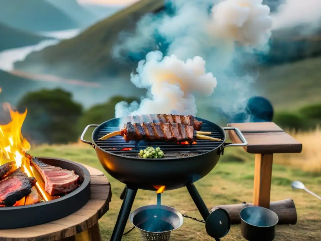 Un apetitoso asado uruguayo en un camping, con humeantes carnes y compañerismo al aire libre