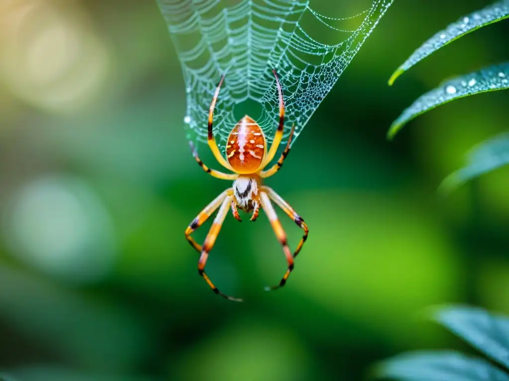 Un arácnido tejiendo una red entre hojas verdes en un bosque, resaltando la biodiversidad natural