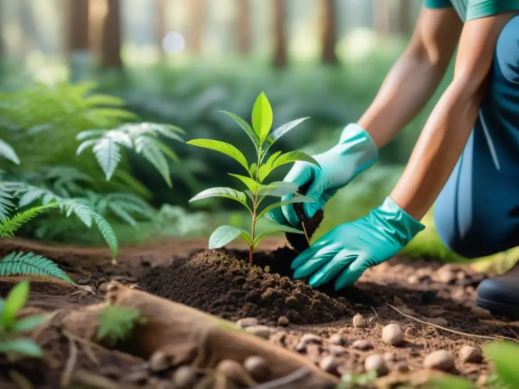 Plantando un árbol en el bosque: manos con guantes ecológicos en suelo verde