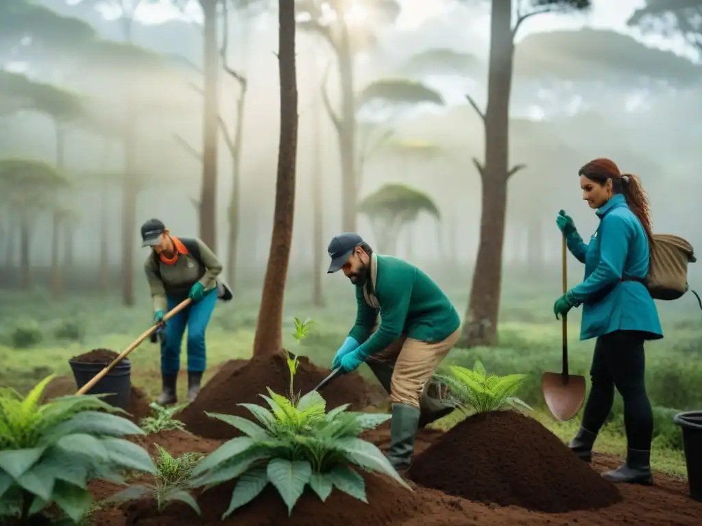 Voluntariado conservación naturaleza Uruguay: Grupo plantando árboles nativos en un bosque exuberante