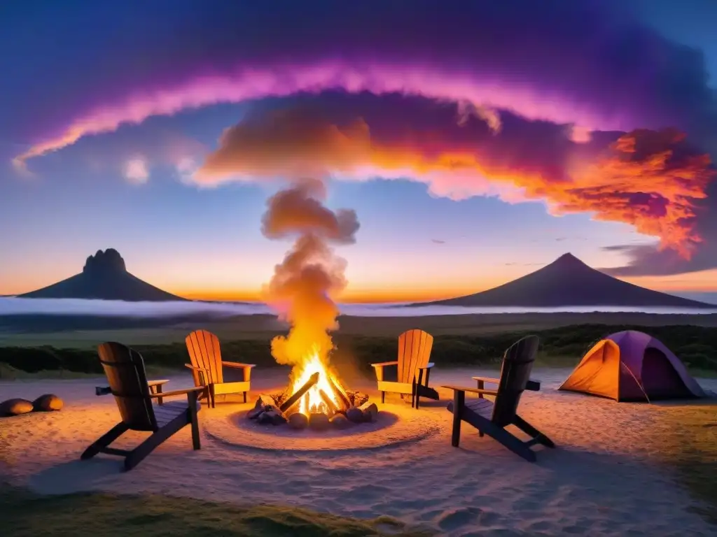 Acampar en áreas remotas de Uruguay al atardecer con fogata y montañas al fondo