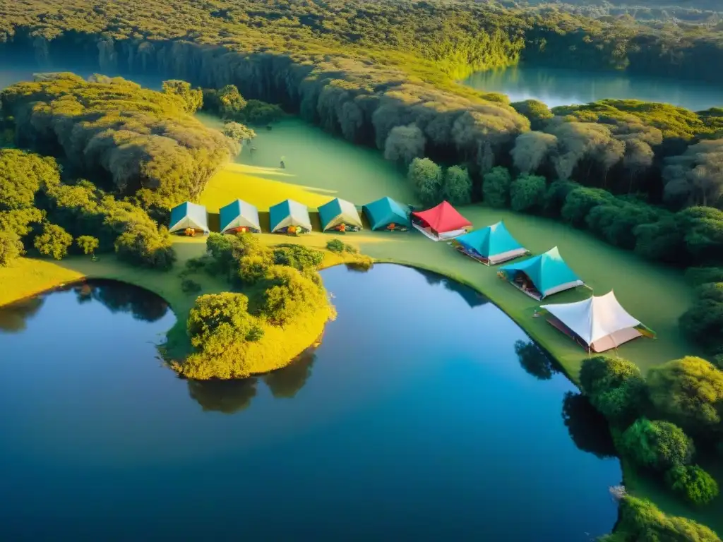 Acampar en armonía con la naturaleza en Uruguay: un campamento sostenible rodeado de bosques verdes y un lago sereno al atardecer