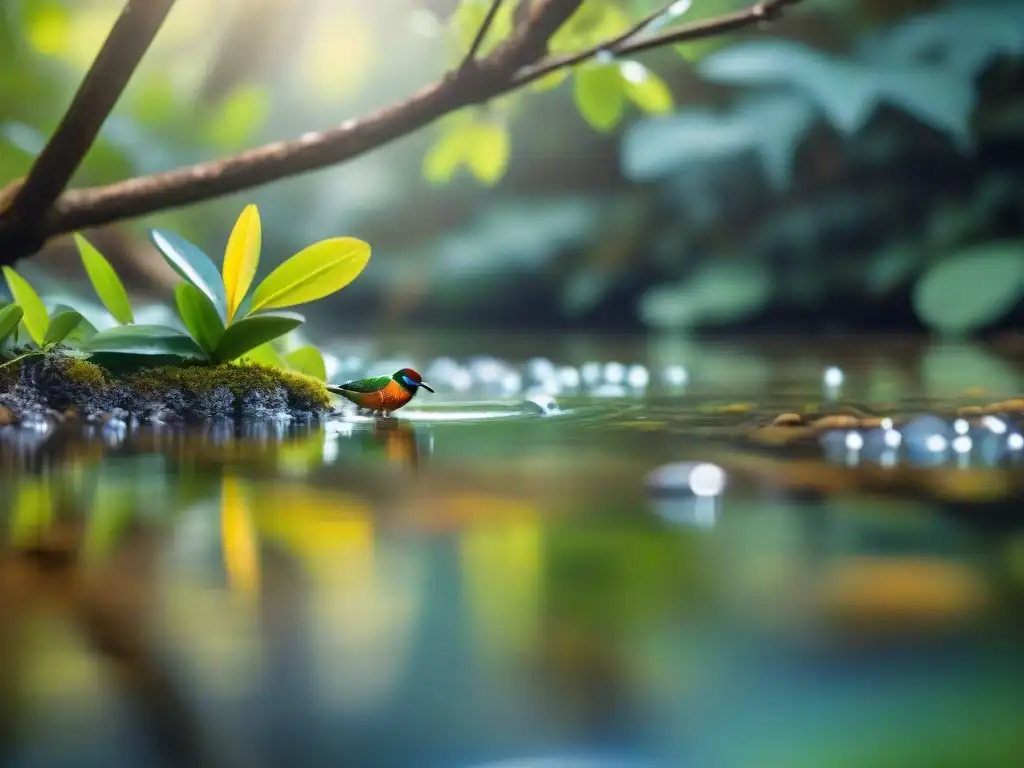 Un arroyo cristalino fluye entre árboles verdes en Uruguay, con filtración de luz y un pájaro colorido