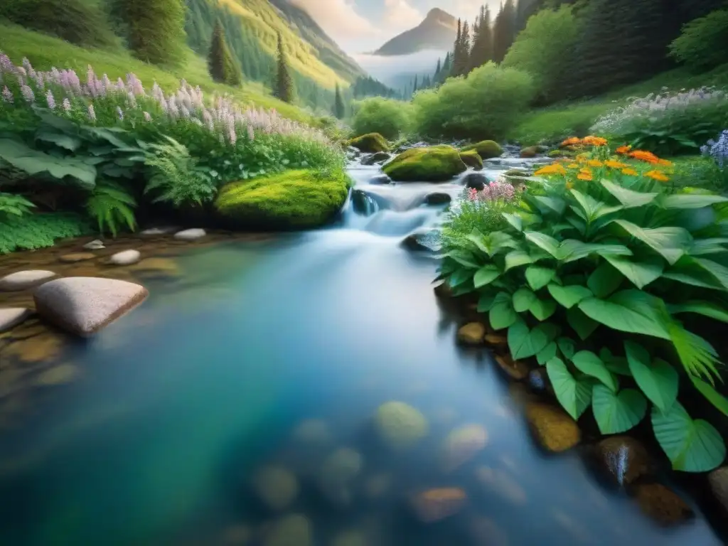 Arroyo de montaña cristalino fluyendo en bosque verde, reflejos de sol en el agua