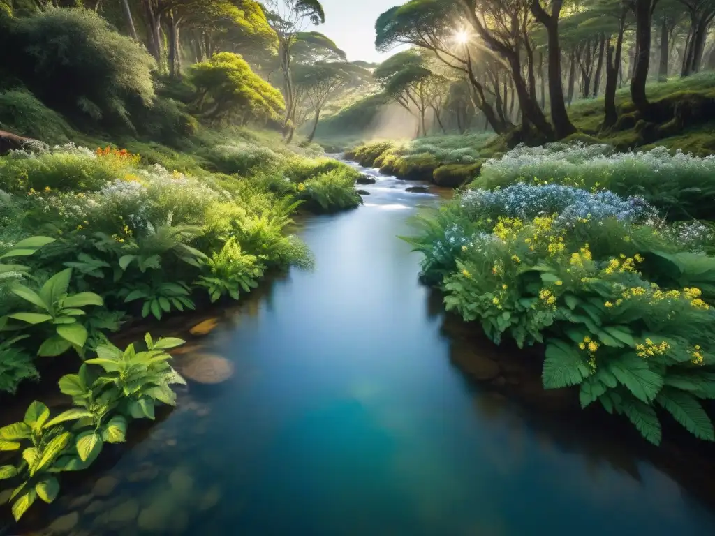 Arroyo cristalino fluyendo en un bosque verde de Uruguay