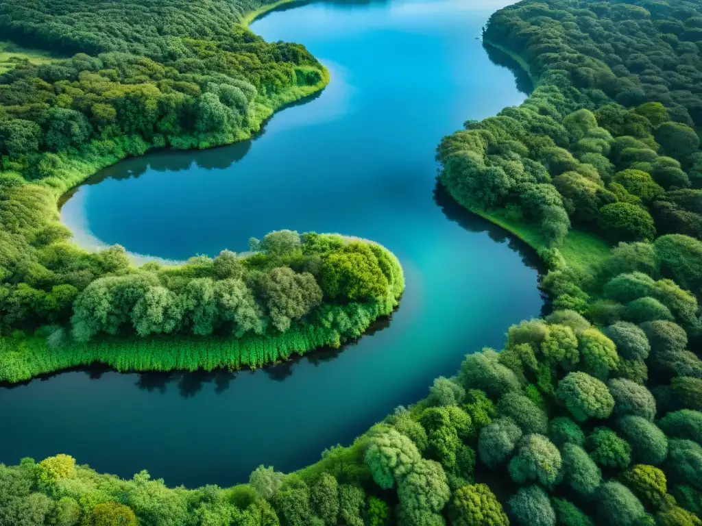 Un arroyo cristalino serpenteando entre vegetación exuberante en Uruguay, reflejando un cielo azul