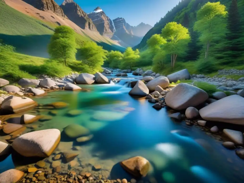 Arroyo de montaña sereno con agua cristalina, rodeado de vegetación vibrante