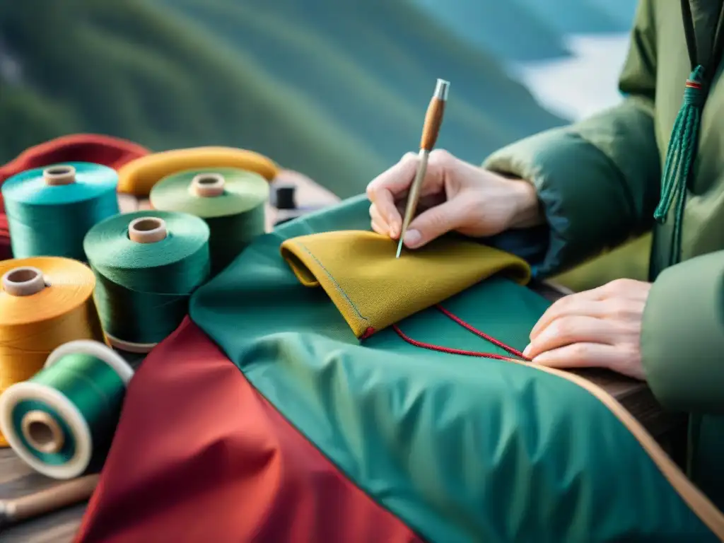 Artesano cosiendo un chaqueta de camping de alta tecnología en un taller lleno de herramientas de costura