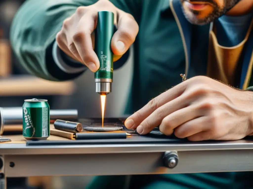 Un artesano enfocado y hábil utiliza un soldador para unir cables a una lata de aluminio reciclada en su mesa de trabajo llena de herramientas