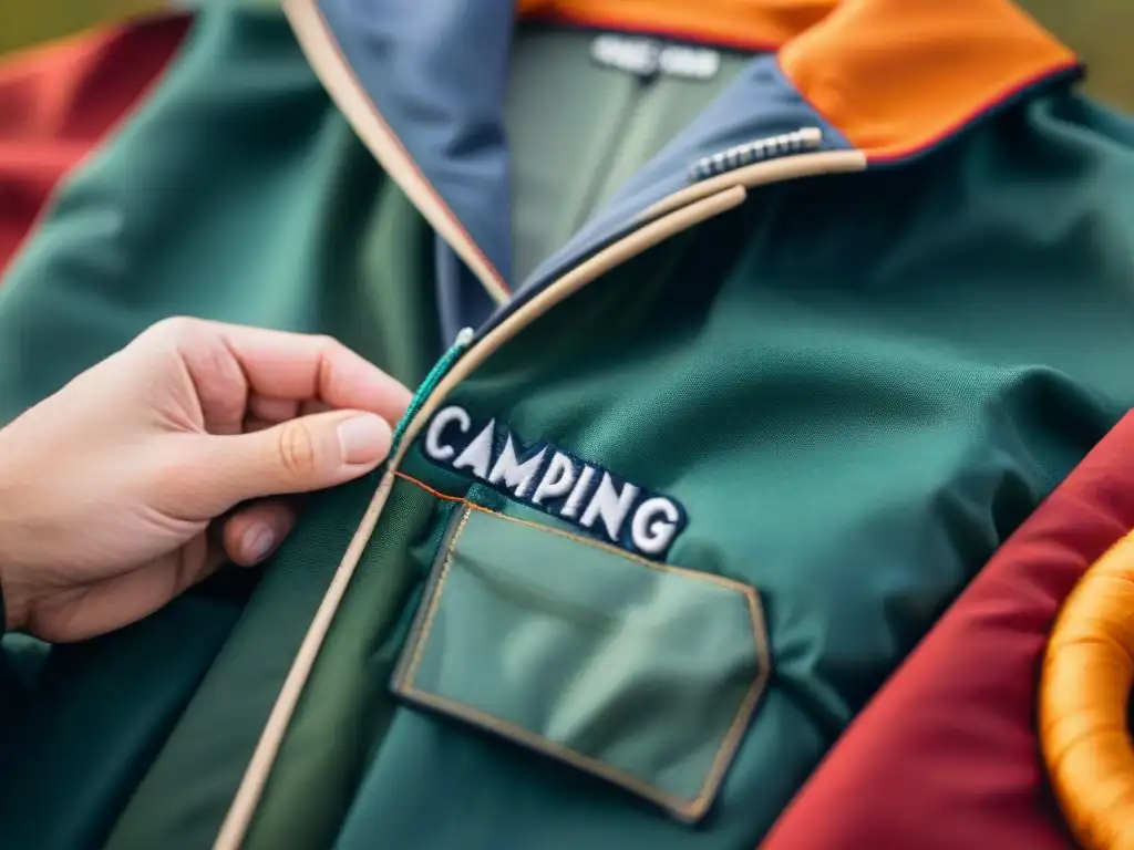 Hábil artesano cosiendo a mano logo en chaqueta de camping premium, rodeado de hilos coloridos y herramientas vintage