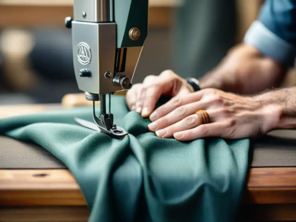 Un artesano cosiendo a mano tela resistente en su taller rústico