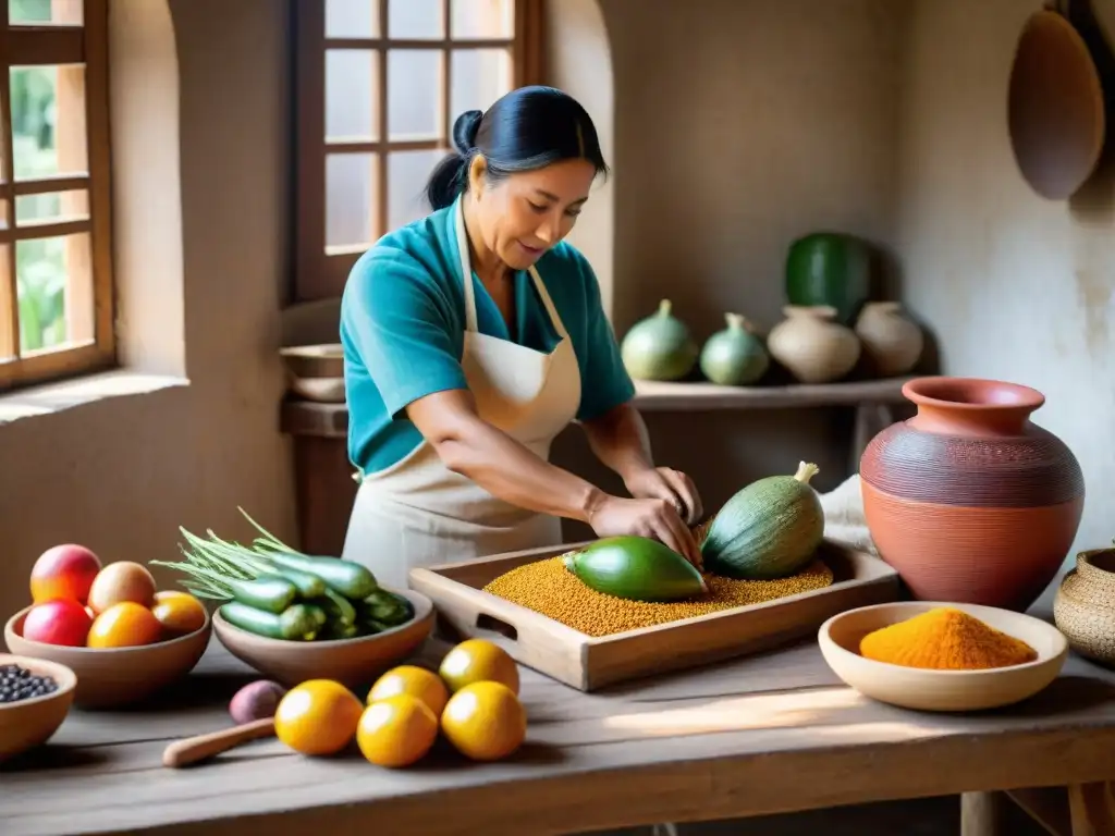 Artesano uruguayo preparando alimentos deshidratados en mesa de madera, resaltando tradiciones y colores vibrantes