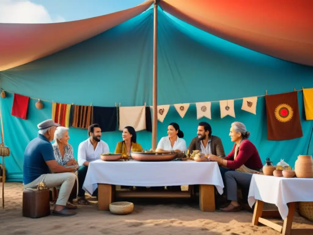 Artesanos uruguayos exponiendo sus creaciones en un mercado de campamento, resaltando los beneficios culturales del camping en Uruguay