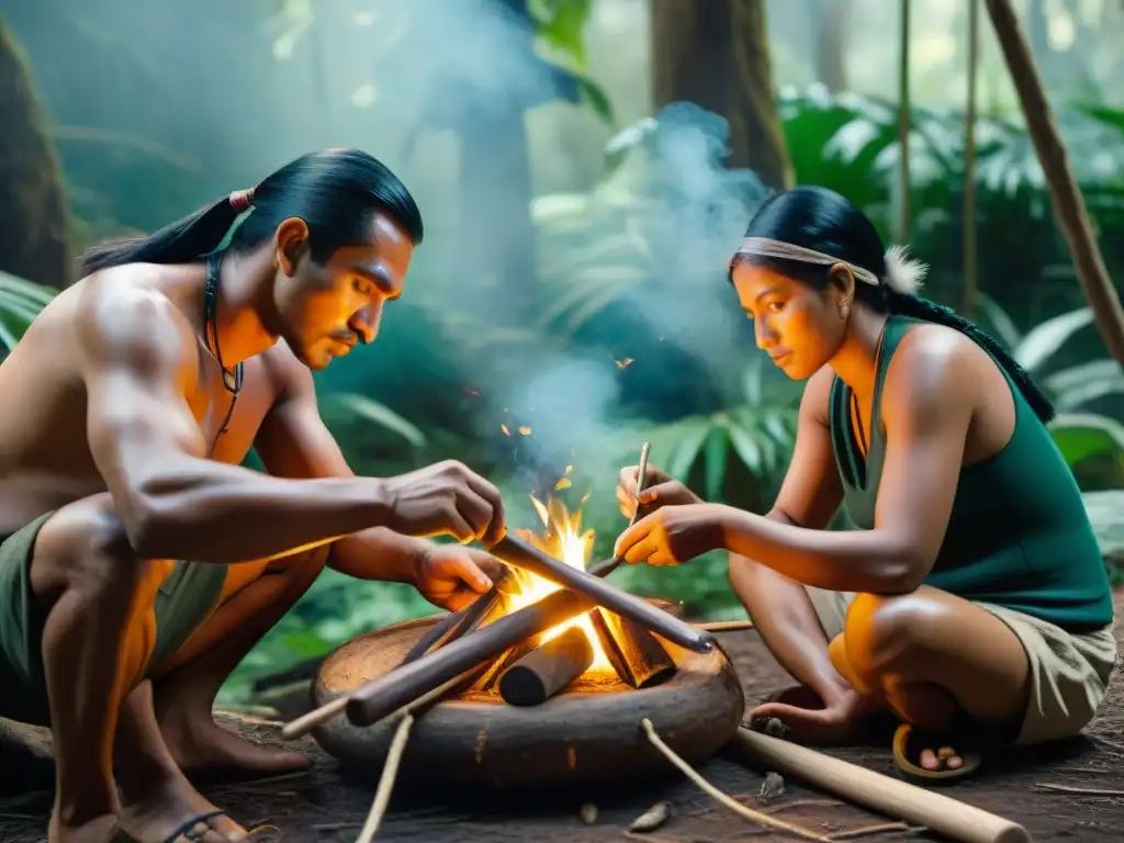 Artesanos uruguayos creando herramientas de camping con técnicas ancestrales en un bosque verde